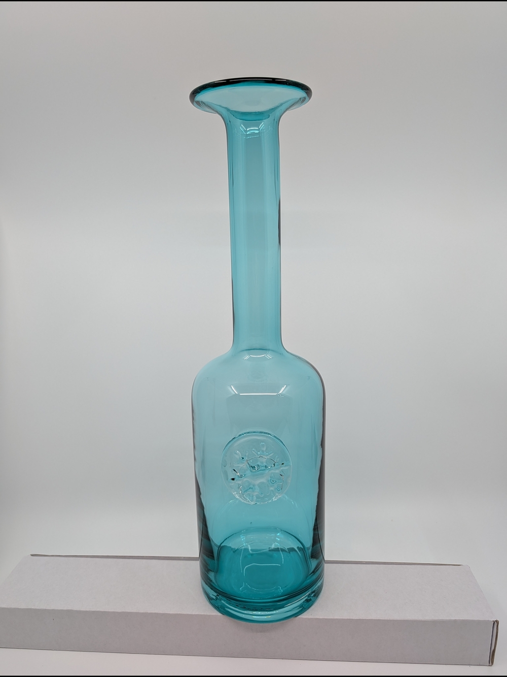 Handblown Tall Aqua Glass Vase with Medal Accent